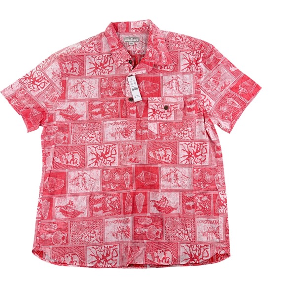 Wallace & Barnes Popover Shirt Red Seashell Print Short Sleeve Button Up‎ Size L - Picture 1 of 13